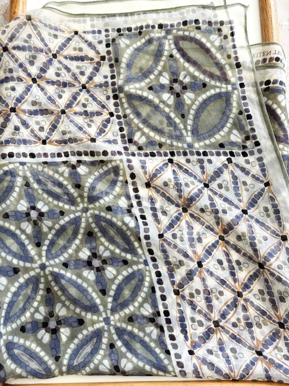 Ellen Tracy Green and White Silk Scarf, 32" Square - Picture 10 of 10